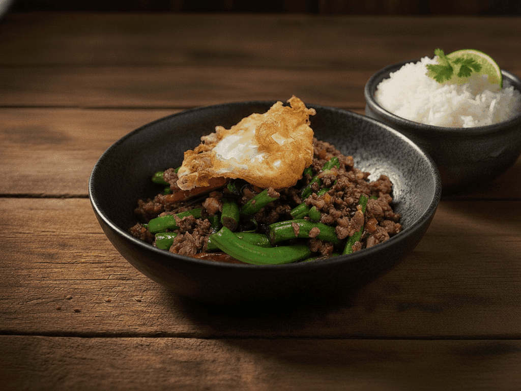 Phad Gra Pao Kai Dao s hovězím